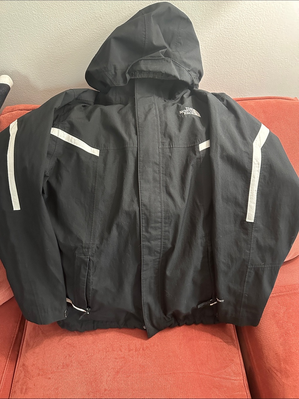 The North Face Black HyVent Hooded Jacket with White Reflective Stripes